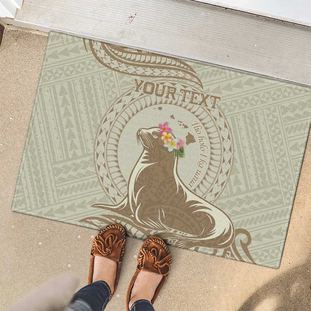 Personalised Hawaii Monk Seal Rubber Doormat Polynesian Tattoo With Tropical Flowers - Beige Pastel