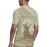 Personalised Hawaii Monk Seal Rugby Jersey Polynesian Tattoo With Tropical Flowers - Beige Pastel