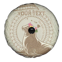 Personalised Hawaii Monk Seal Spare Tire Cover Polynesian Tattoo With Tropical Flowers - Beige Pastel