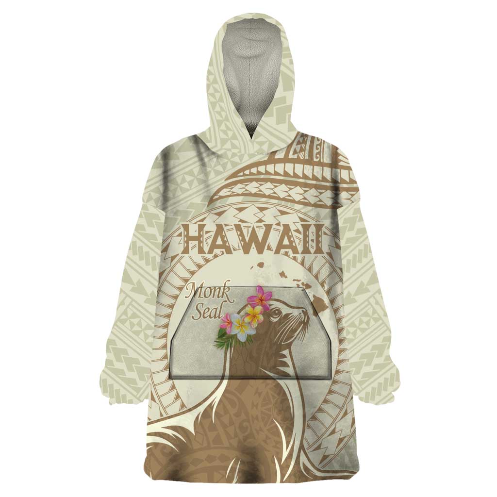 Personalised Hawaii Monk Seal Wearable Blanket Hoodie Polynesian Tattoo With Tropical Flowers - Beige Pastel LT14 One Size Beige - Polynesian Pride