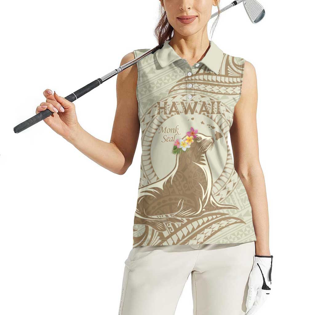 Personalised Hawaii Monk Seal Women Sleeveless Polo Shirt Polynesian Tattoo With Tropical Flowers - Beige Pastel