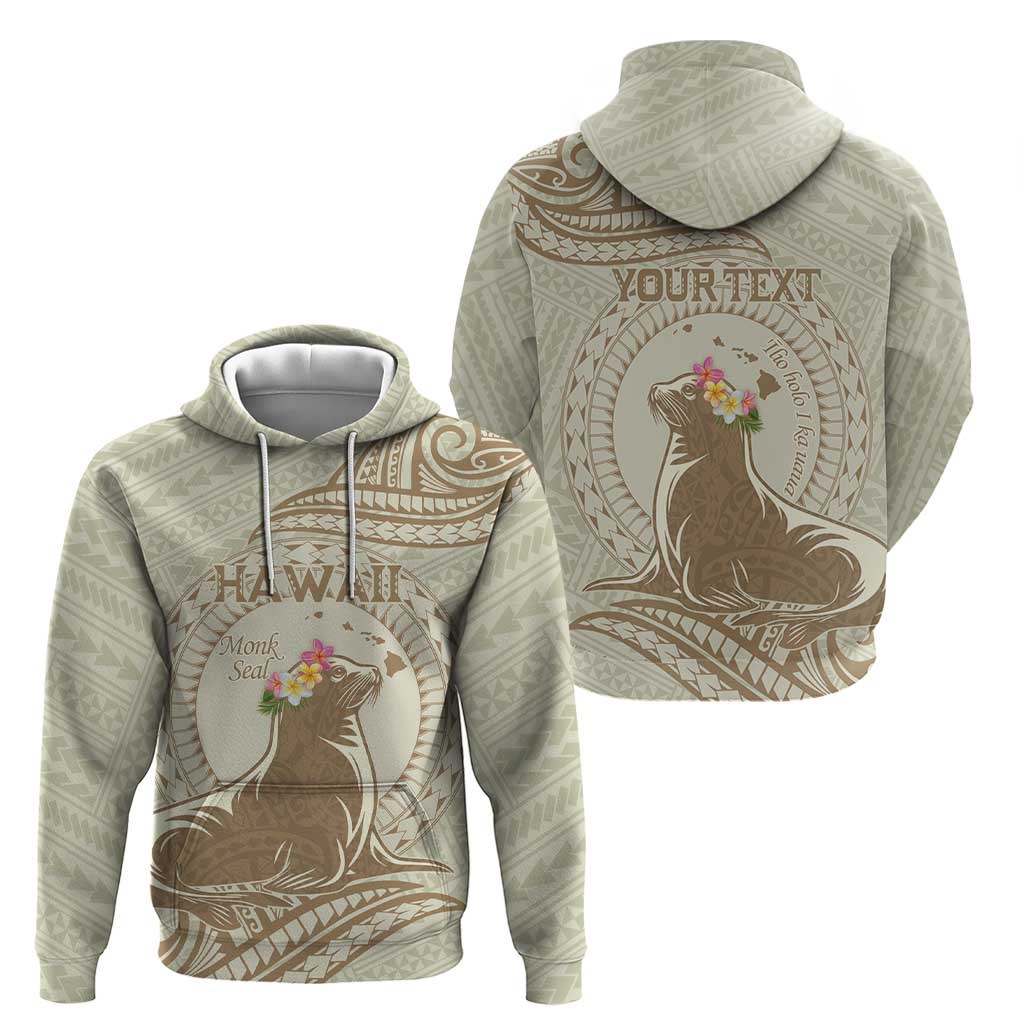 Personalised Hawaii Monk Seal Zip Hoodie Polynesian Tattoo With Tropical Flowers - Beige Pastel