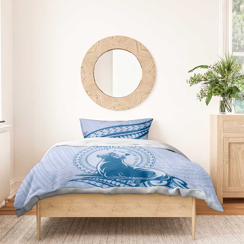 Personalised Hawaii Monk Seal Bedding Set Polynesian Tattoo With Tropical Flowers - Blue Pastel