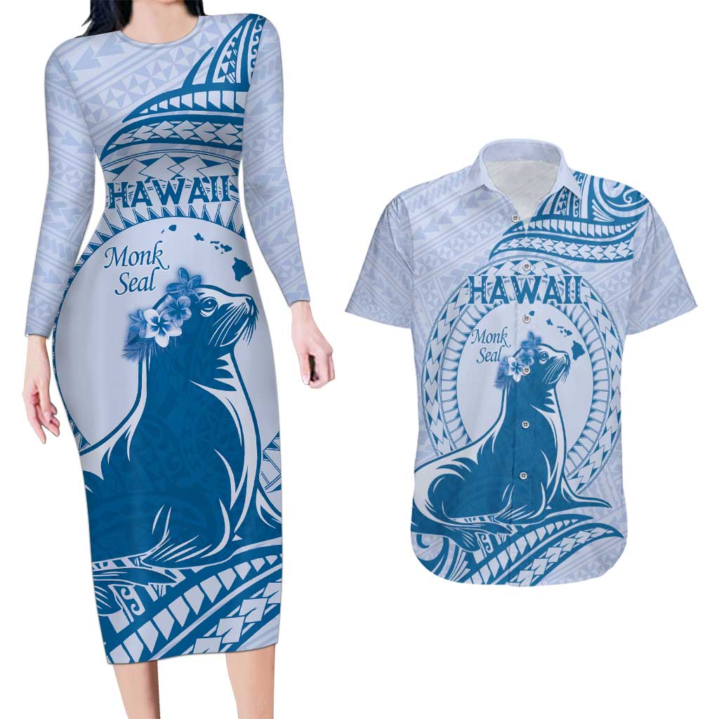 Personalised Hawaii Monk Seal Couples Matching Long Sleeve Bodycon Dress and Hawaiian Shirt Polynesian Tattoo With Tropical Flowers - Blue Pastel LT14 Blue - Polynesian Pride