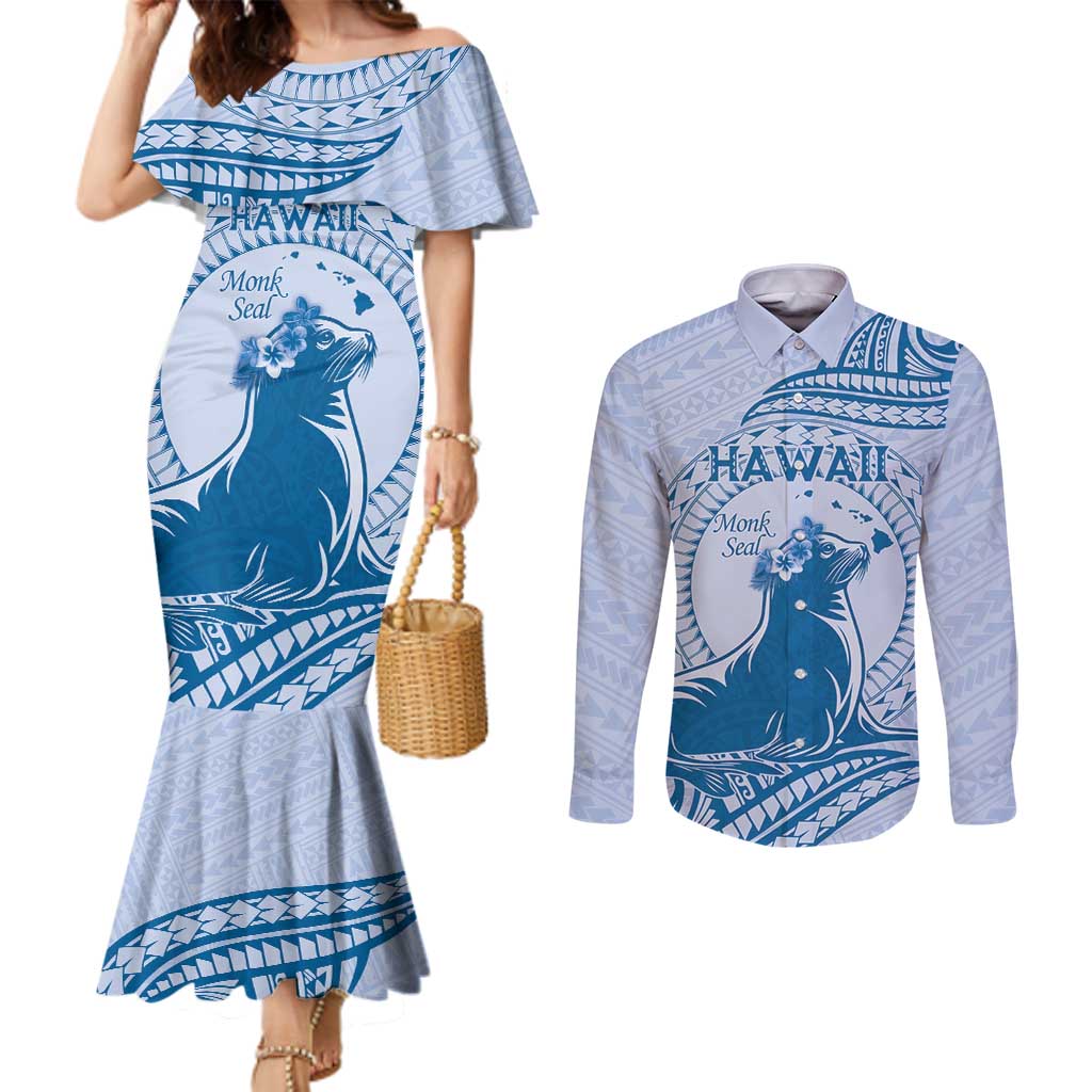 Personalised Hawaii Monk Seal Couples Matching Mermaid Dress and Long Sleeve Button Shirt Polynesian Tattoo With Tropical Flowers - Blue Pastel LT14 Blue - Polynesian Pride