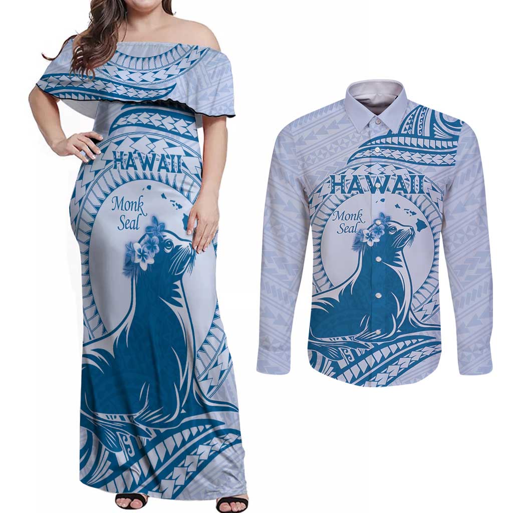 Personalised Hawaii Monk Seal Couples Matching Off Shoulder Maxi Dress and Long Sleeve Button Shirt Polynesian Tattoo With Tropical Flowers - Blue Pastel LT14 Blue - Polynesian Pride