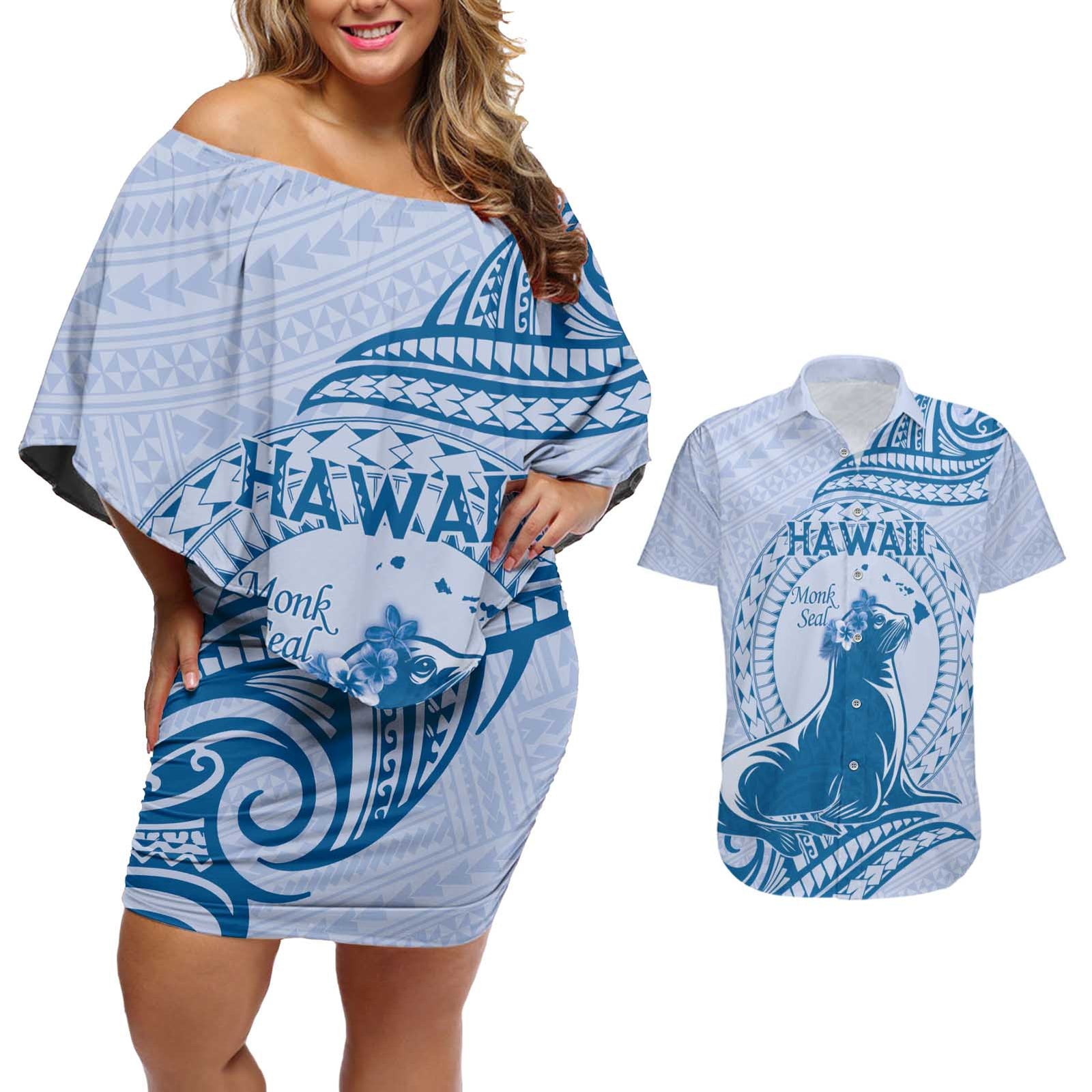 Personalised Hawaii Monk Seal Couples Matching Off Shoulder Short Dress and Hawaiian Shirt Polynesian Tattoo With Tropical Flowers - Blue Pastel LT14 Blue - Polynesian Pride