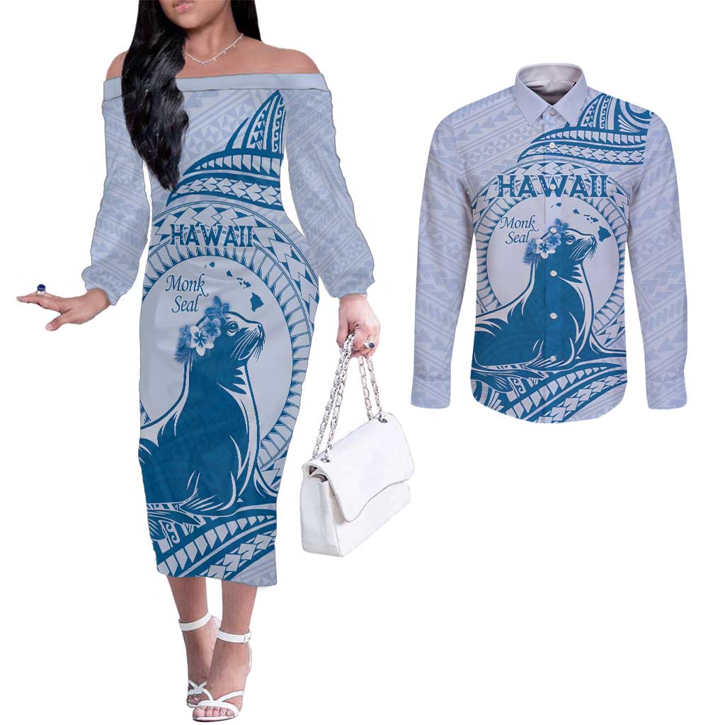 Personalised Hawaii Monk Seal Couples Matching Off The Shoulder Long Sleeve Dress and Long Sleeve Button Shirt Polynesian Tattoo With Tropical Flowers - Blue Pastel LT14 Blue - Polynesian Pride