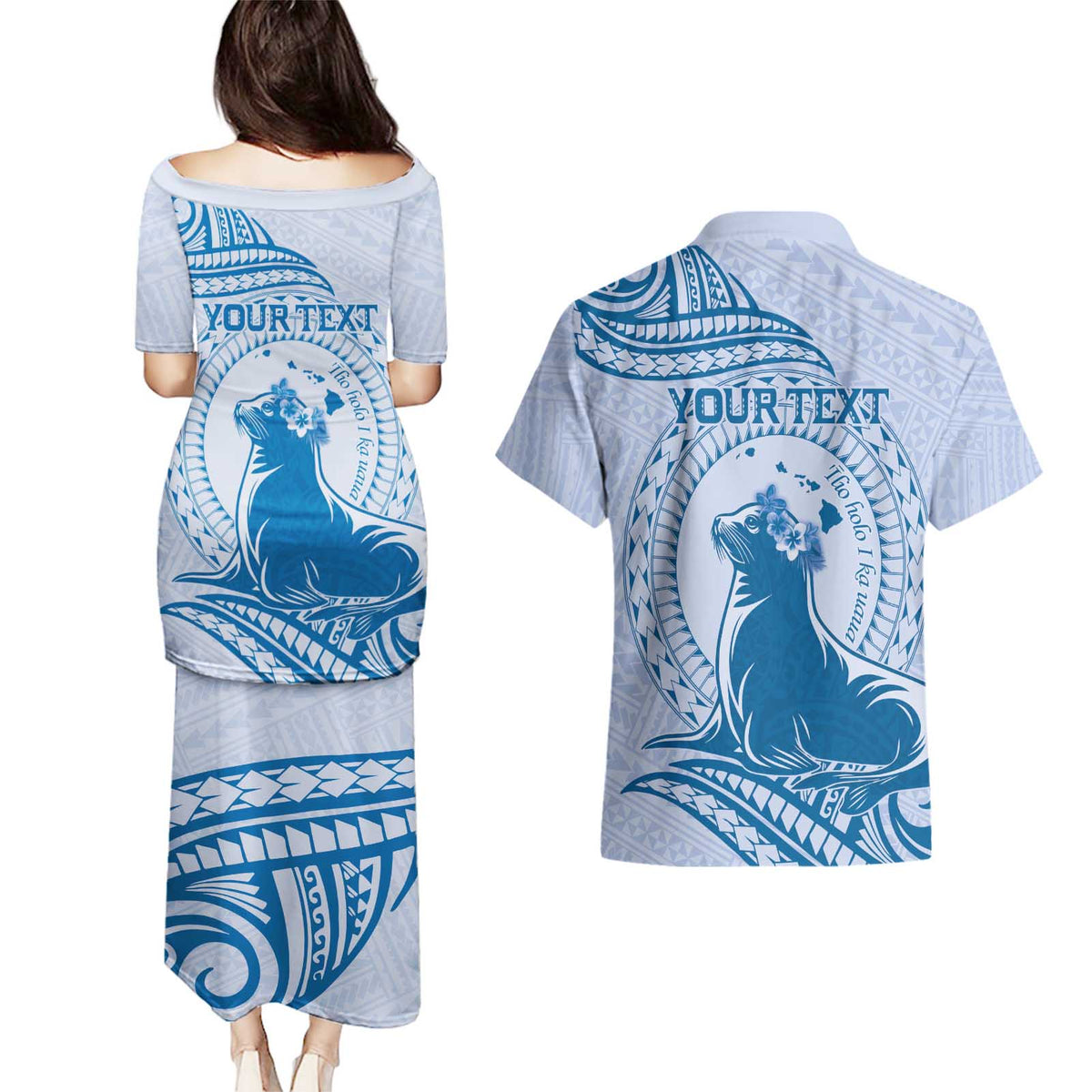 Personalised Hawaii Monk Seal Couples Matching Puletasi and Hawaiian Shirt Polynesian Tattoo With Tropical Flowers - Blue Pastel