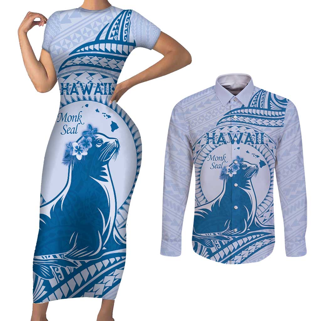 Personalised Hawaii Monk Seal Couples Matching Short Sleeve Bodycon Dress and Long Sleeve Button Shirt Polynesian Tattoo With Tropical Flowers - Blue Pastel LT14 Blue - Polynesian Pride