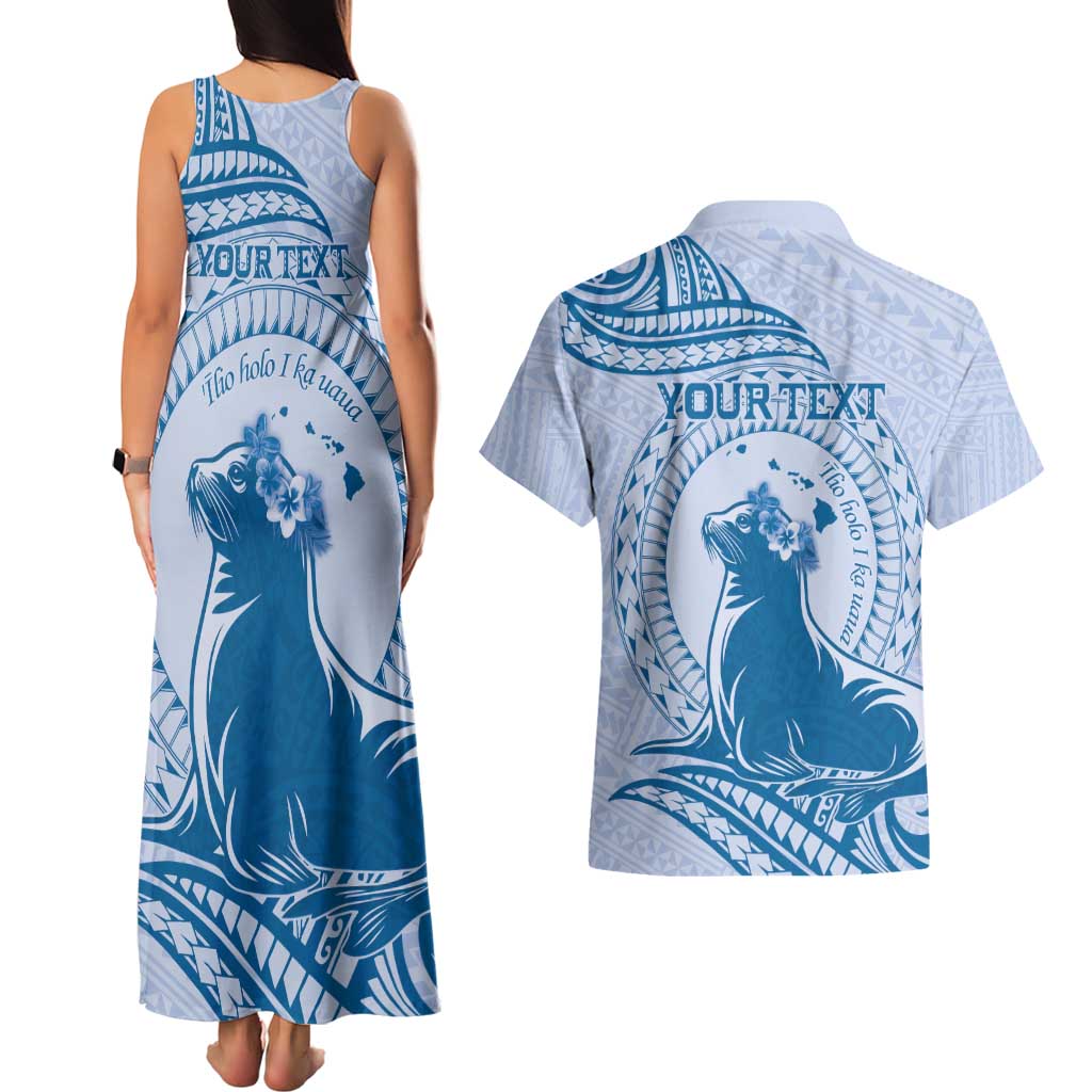 Personalised Hawaii Monk Seal Couples Matching Tank Maxi Dress and Hawaiian Shirt Polynesian Tattoo With Tropical Flowers - Blue Pastel