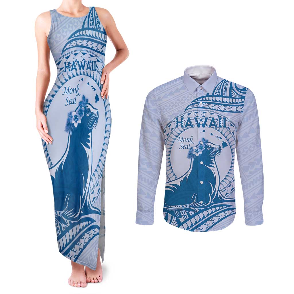 Personalised Hawaii Monk Seal Couples Matching Tank Maxi Dress and Long Sleeve Button Shirt Polynesian Tattoo With Tropical Flowers - Blue Pastel LT14 Blue - Polynesian Pride