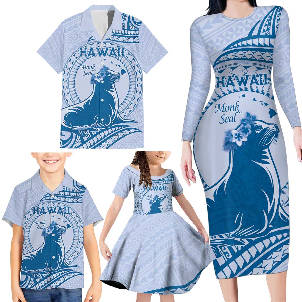 Personalised Hawaii Monk Seal Family Matching Long Sleeve Bodycon Dress and Hawaiian Shirt Polynesian Tattoo With Tropical Flowers - Blue Pastel LT14 - Polynesian Pride
