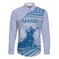 Personalised Hawaii Monk Seal Family Matching Long Sleeve Bodycon Dress and Hawaiian Shirt Polynesian Tattoo With Tropical Flowers - Blue Pastel