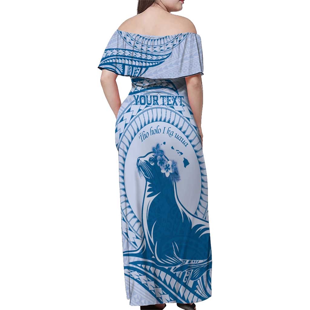 Personalised Hawaii Monk Seal Family Matching Off Shoulder Maxi Dress and Hawaiian Shirt Polynesian Tattoo With Tropical Flowers - Blue Pastel
