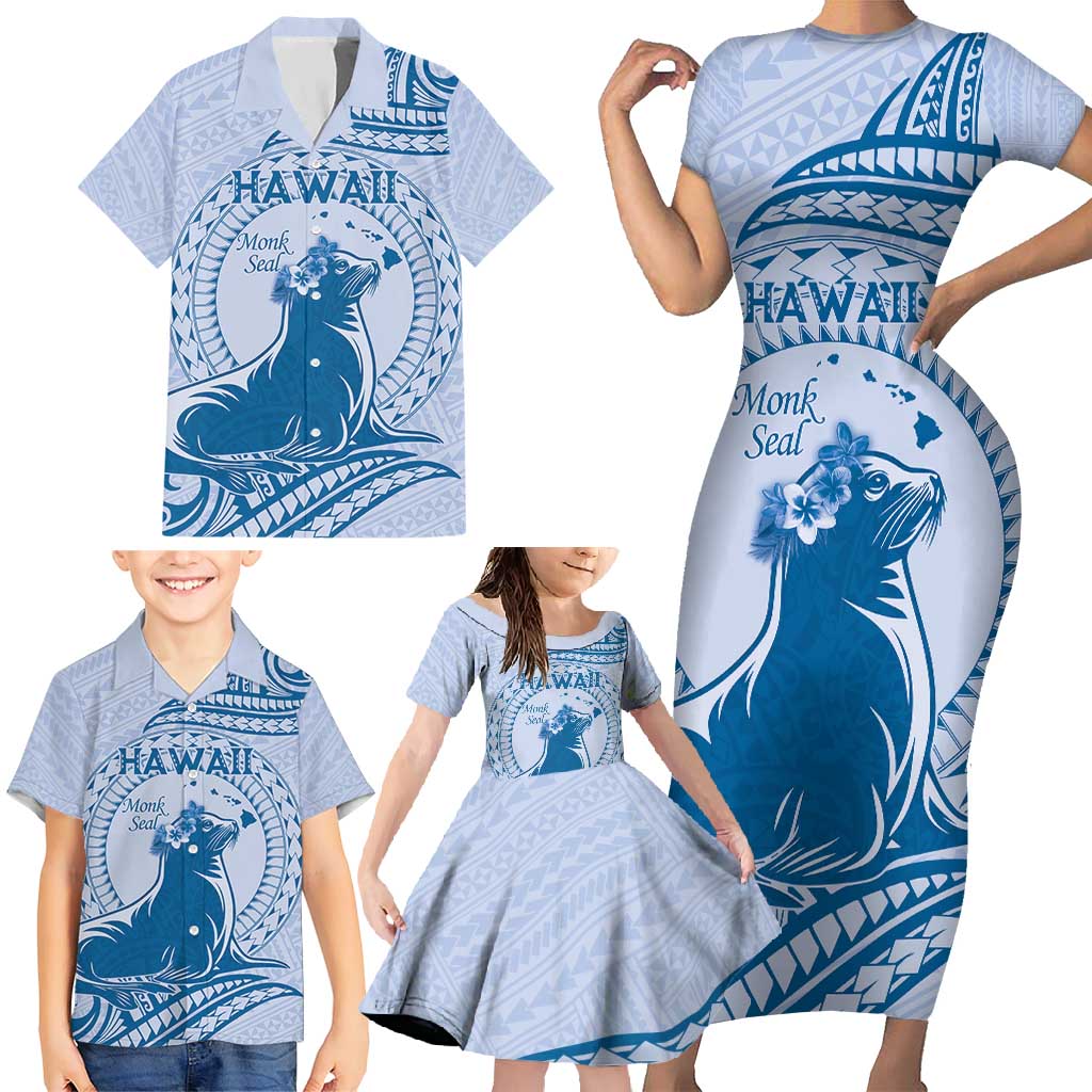 Personalised Hawaii Monk Seal Family Matching Short Sleeve Bodycon Dress and Hawaiian Shirt Polynesian Tattoo With Tropical Flowers - Blue Pastel LT14 - Polynesian Pride