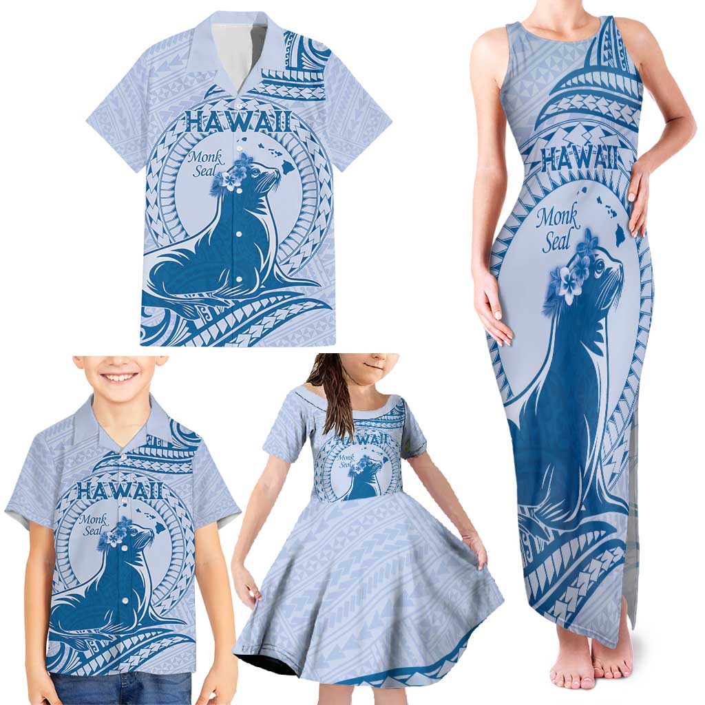 Personalised Hawaii Monk Seal Family Matching Tank Maxi Dress and Hawaiian Shirt Polynesian Tattoo With Tropical Flowers - Blue Pastel LT14 - Polynesian Pride