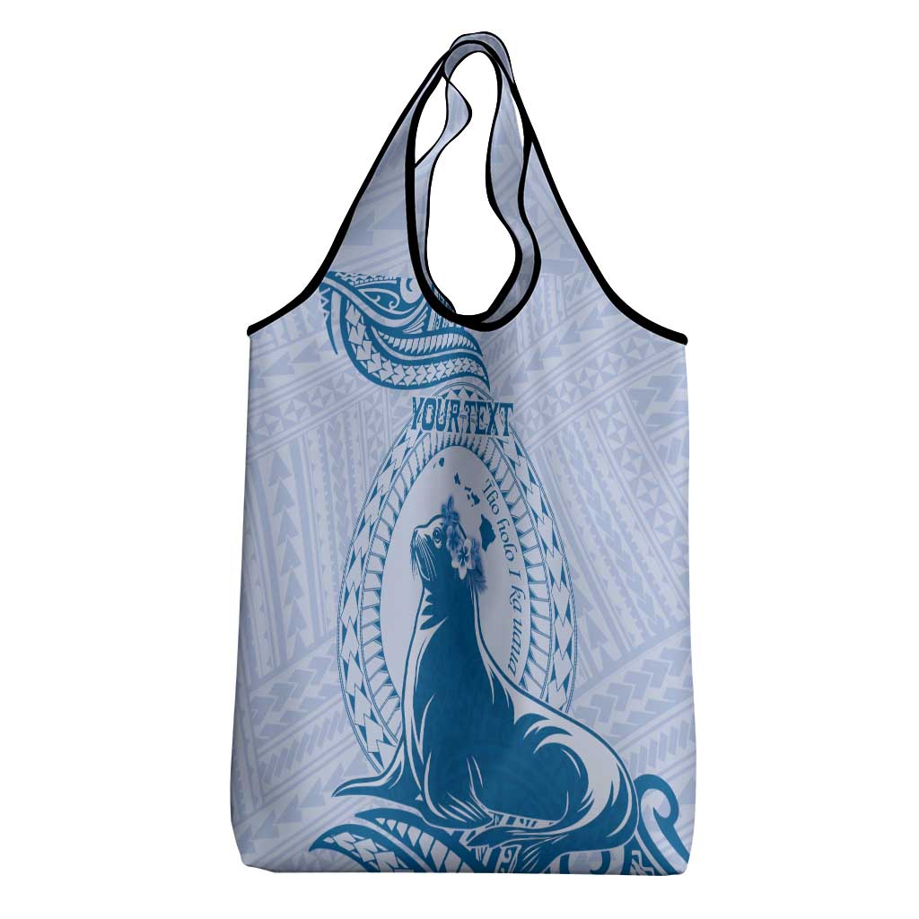 Personalised Hawaii Monk Seal Grocery Bag Polynesian Tattoo With Tropical Flowers - Blue Pastel