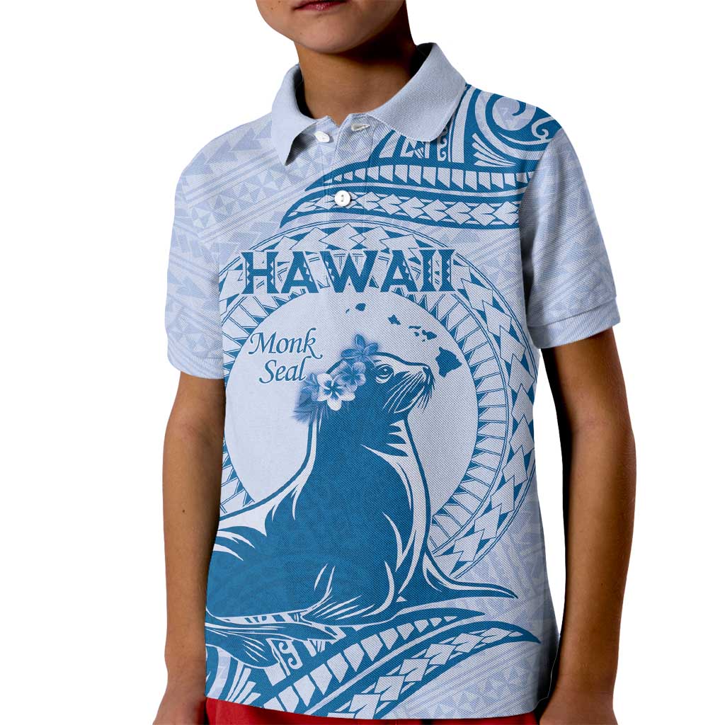 Personalised Hawaii Monk Seal Kid Polo Shirt Polynesian Tattoo With Tropical Flowers - Blue Pastel