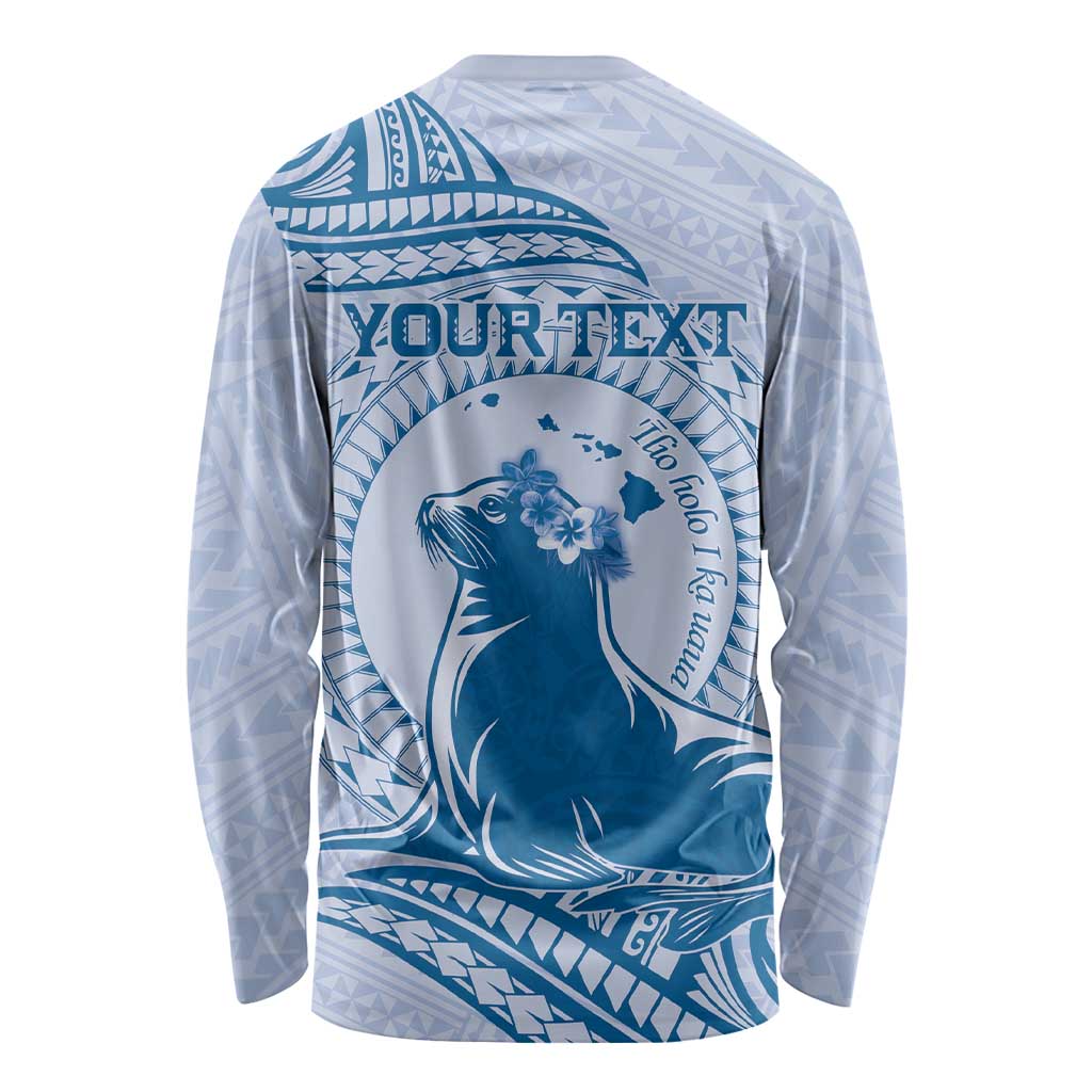 Personalised Hawaii Monk Seal Long Sleeve Shirt Polynesian Tattoo With Tropical Flowers - Blue Pastel LT14 - Polynesian Pride