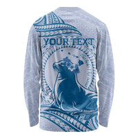 Personalised Hawaii Monk Seal Long Sleeve Shirt Polynesian Tattoo With Tropical Flowers - Blue Pastel LT14 - Polynesian Pride
