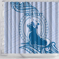 Personalised Hawaii Monk Seal Shower Curtain Polynesian Tattoo With Tropical Flowers - Blue Pastel