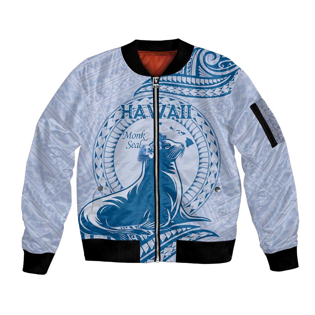 Personalised Hawaii Monk Seal Sleeve Zip Bomber Jacket Polynesian Tattoo With Tropical Flowers - Blue Pastel LT14 Unisex Blue - Polynesian Pride