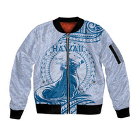 Personalised Hawaii Monk Seal Sleeve Zip Bomber Jacket Polynesian Tattoo With Tropical Flowers - Blue Pastel