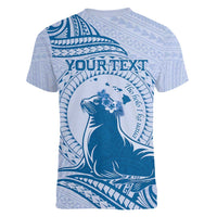 Personalised Hawaii Monk Seal Women V-Neck T-Shirt Polynesian Tattoo With Tropical Flowers - Blue Pastel