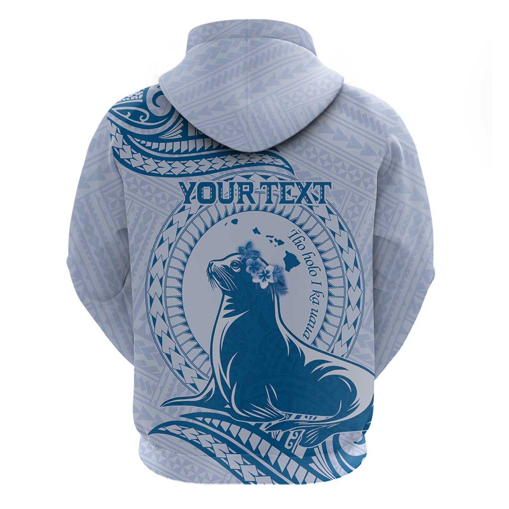 Personalised Hawaii Monk Seal Zip Hoodie Polynesian Tattoo With Tropical Flowers - Blue Pastel