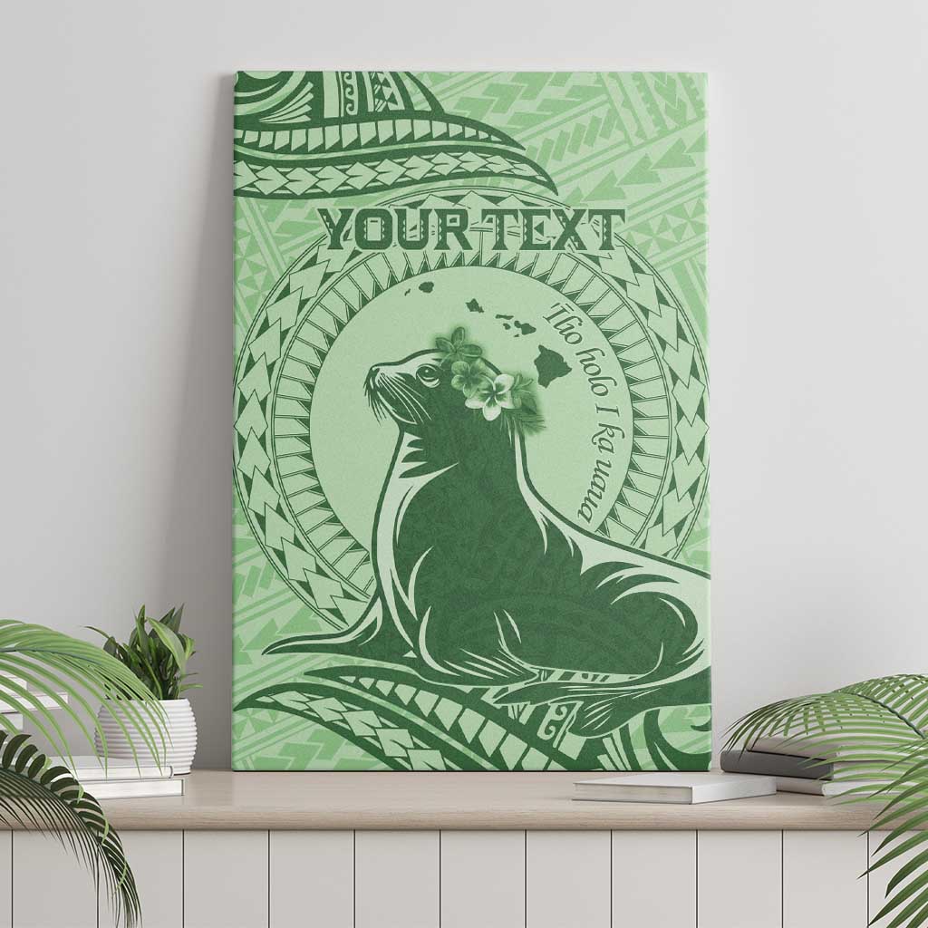 Personalised Hawaii Monk Seal Canvas Wall Art Polynesian Tattoo With Tropical Flowers - Green Pastel