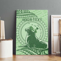 Personalised Hawaii Monk Seal Canvas Wall Art Polynesian Tattoo With Tropical Flowers - Green Pastel