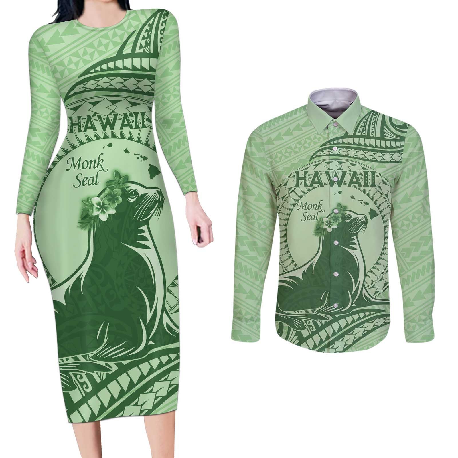 Personalised Hawaii Monk Seal Couples Matching Long Sleeve Bodycon Dress and Long Sleeve Button Shirt Polynesian Tattoo With Tropical Flowers - Green Pastel LT14 Green - Polynesian Pride