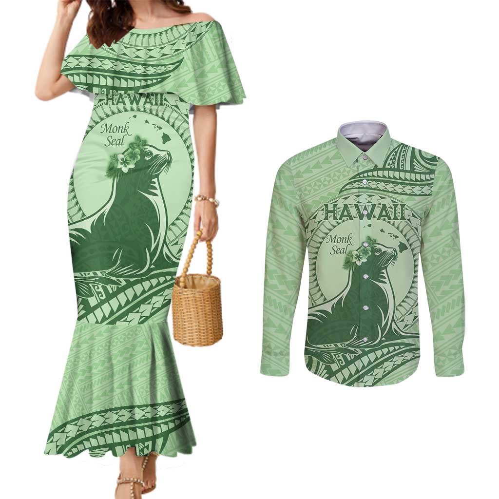 Personalised Hawaii Monk Seal Couples Matching Mermaid Dress and Long Sleeve Button Shirt Polynesian Tattoo With Tropical Flowers - Green Pastel