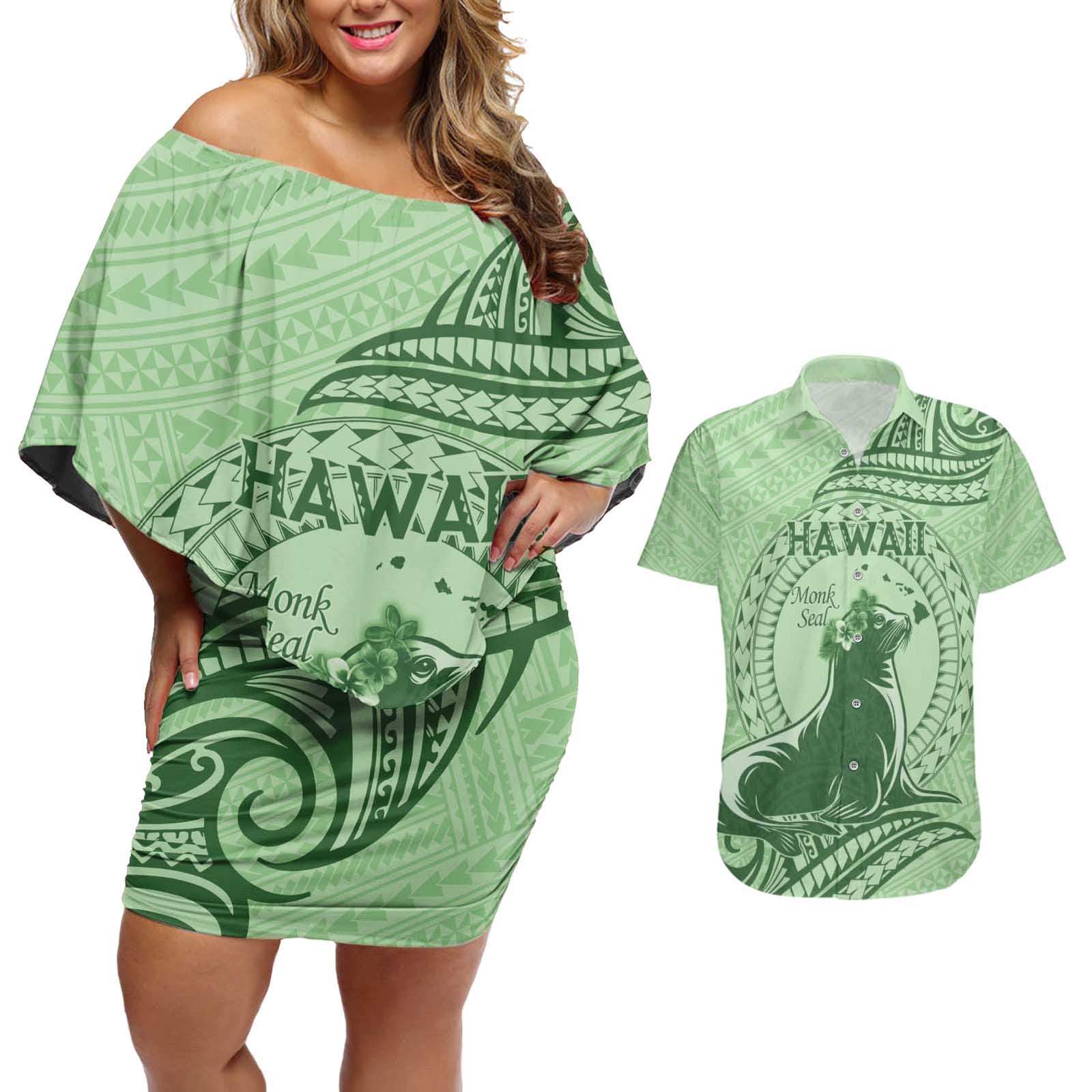 Personalised Hawaii Monk Seal Couples Matching Off Shoulder Short Dress and Hawaiian Shirt Polynesian Tattoo With Tropical Flowers - Green Pastel LT14 Green - Polynesian Pride