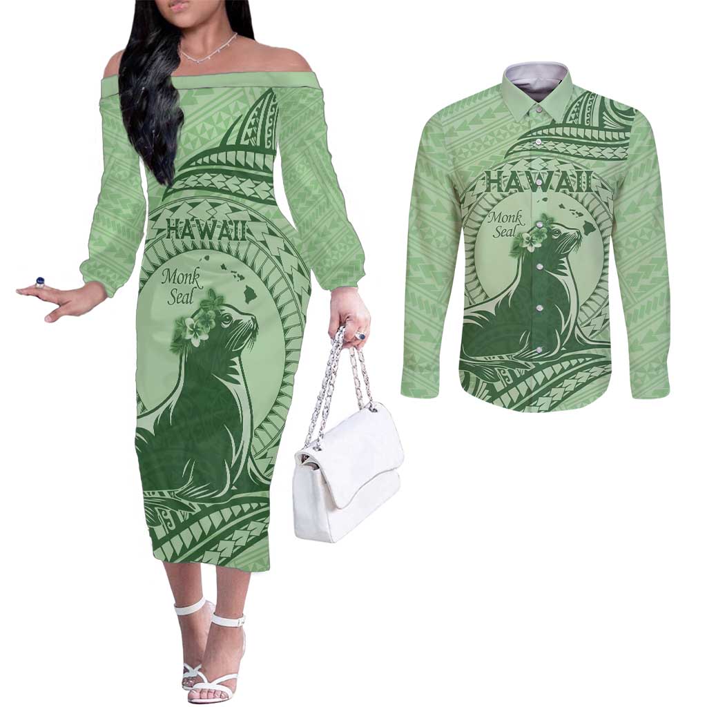 Personalised Hawaii Monk Seal Couples Matching Off The Shoulder Long Sleeve Dress and Long Sleeve Button Shirt Polynesian Tattoo With Tropical Flowers - Green Pastel LT14 Green - Polynesian Pride