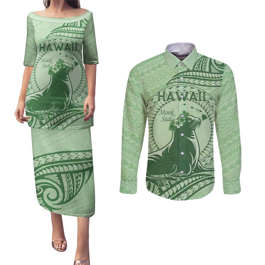 Personalised Hawaii Monk Seal Couples Matching Puletasi and Long Sleeve Button Shirt Polynesian Tattoo With Tropical Flowers - Green Pastel