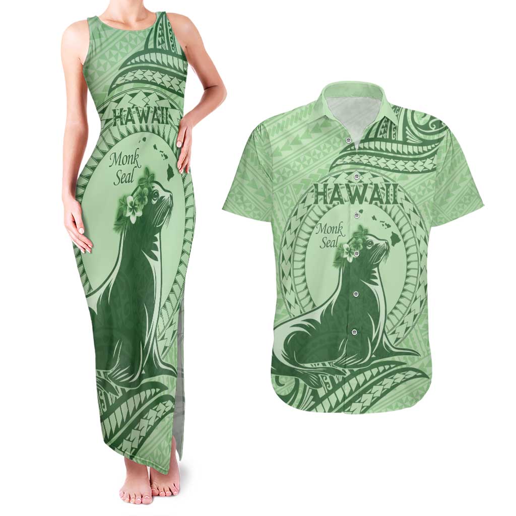 Personalised Hawaii Monk Seal Couples Matching Tank Maxi Dress and Hawaiian Shirt Polynesian Tattoo With Tropical Flowers - Green Pastel LT14 Green - Polynesian Pride
