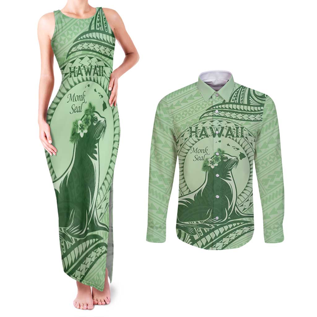 Personalised Hawaii Monk Seal Couples Matching Tank Maxi Dress and Long Sleeve Button Shirt Polynesian Tattoo With Tropical Flowers - Green Pastel LT14 Green - Polynesian Pride