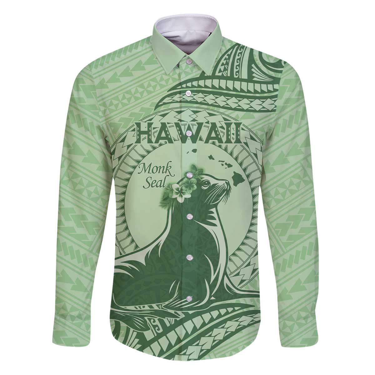 Personalised Hawaii Monk Seal Family Matching Puletasi and Hawaiian Shirt Polynesian Tattoo With Tropical Flowers - Green Pastel