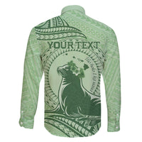 Personalised Hawaii Monk Seal Family Matching Puletasi and Hawaiian Shirt Polynesian Tattoo With Tropical Flowers - Green Pastel