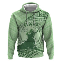 Personalised Hawaii Monk Seal Hoodie Polynesian Tattoo With Tropical Flowers - Green Pastel