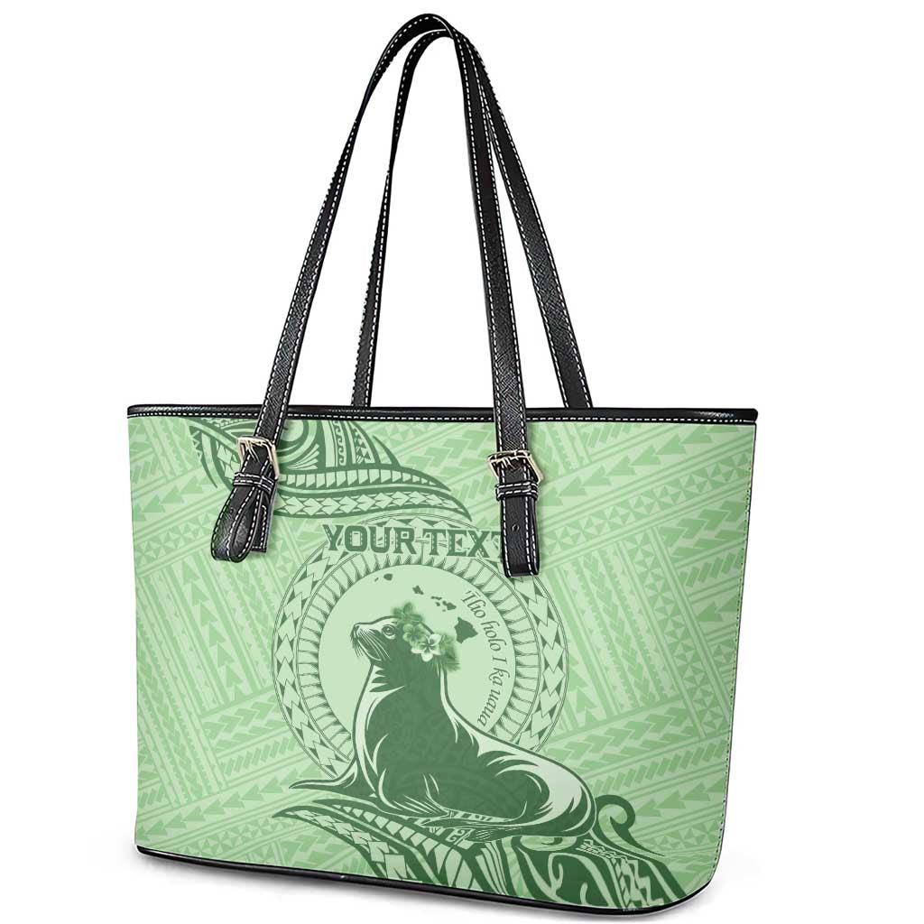 Personalised Hawaii Monk Seal Leather Tote Bag Polynesian Tattoo With Tropical Flowers - Green Pastel LT14 - Polynesian Pride