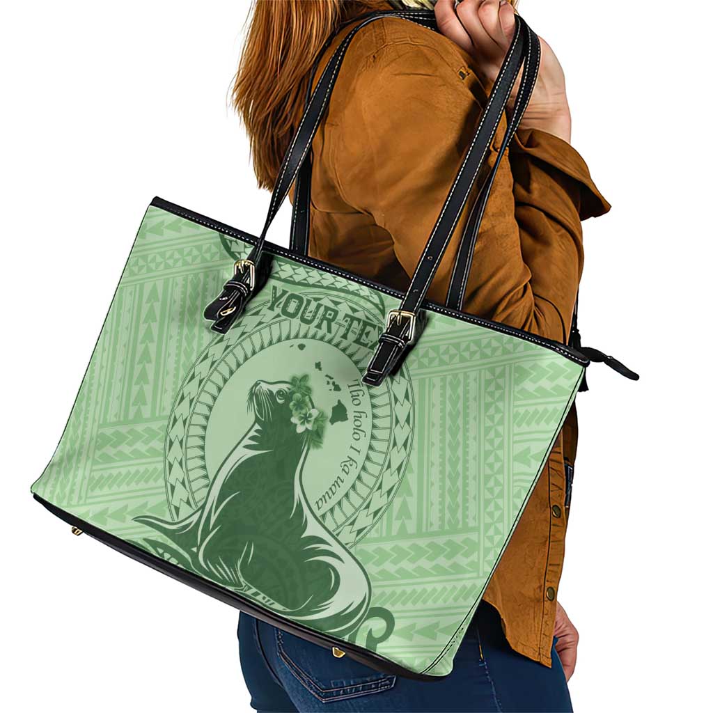 Personalised Hawaii Monk Seal Leather Tote Bag Polynesian Tattoo With Tropical Flowers - Green Pastel LT14 - Polynesian Pride