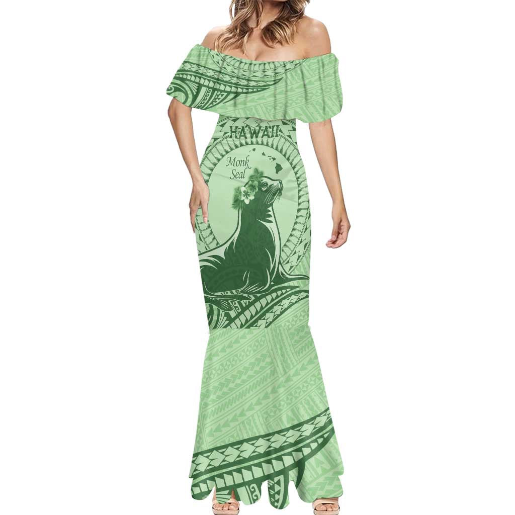 Personalised Hawaii Monk Seal Mermaid Dress Polynesian Tattoo With Tropical Flowers - Green Pastel