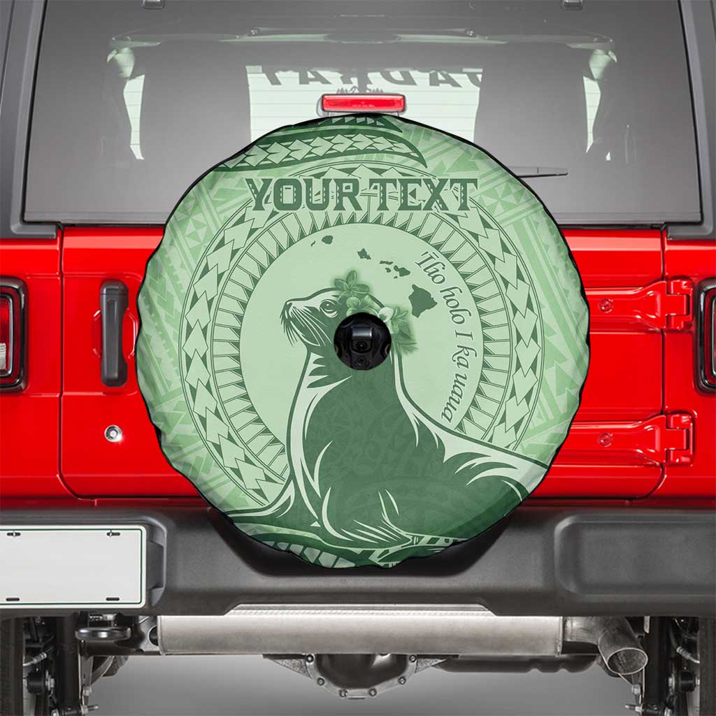 Personalised Hawaii Monk Seal Spare Tire Cover Polynesian Tattoo With Tropical Flowers - Green Pastel