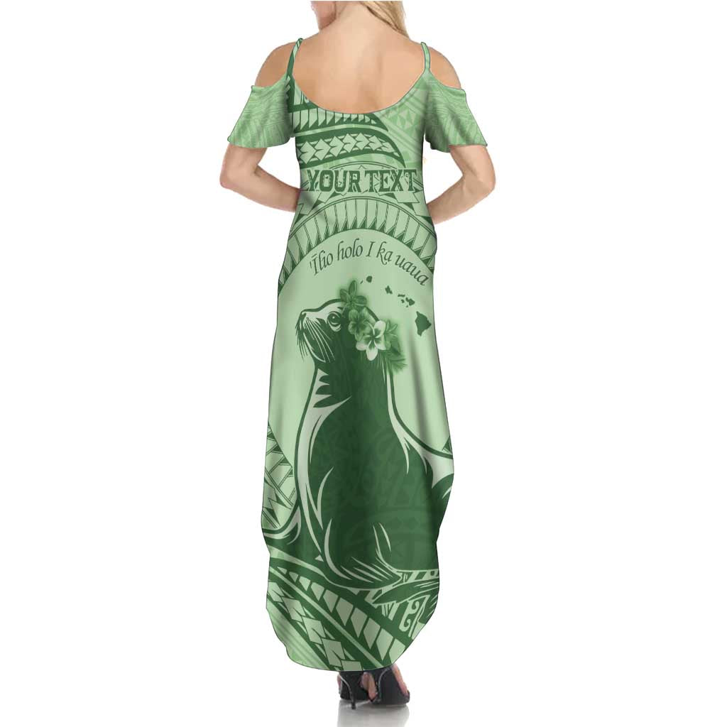 Personalised Hawaii Monk Seal Summer Maxi Dress Polynesian Tattoo With Tropical Flowers - Green Pastel
