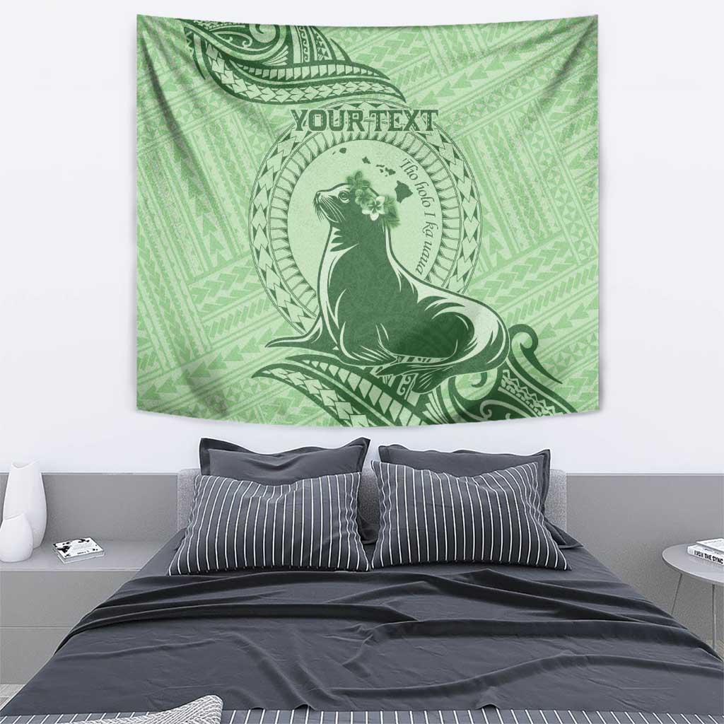 Personalised Hawaii Monk Seal Tapestry Polynesian Tattoo With Tropical Flowers - Green Pastel