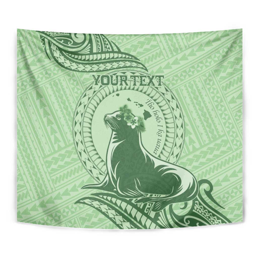 Personalised Hawaii Monk Seal Tapestry Polynesian Tattoo With Tropical Flowers - Green Pastel