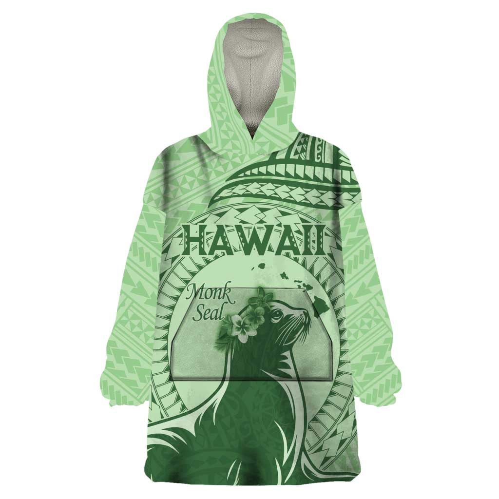 Personalised Hawaii Monk Seal Wearable Blanket Hoodie Polynesian Tattoo With Tropical Flowers - Green Pastel LT14 One Size Green - Polynesian Pride